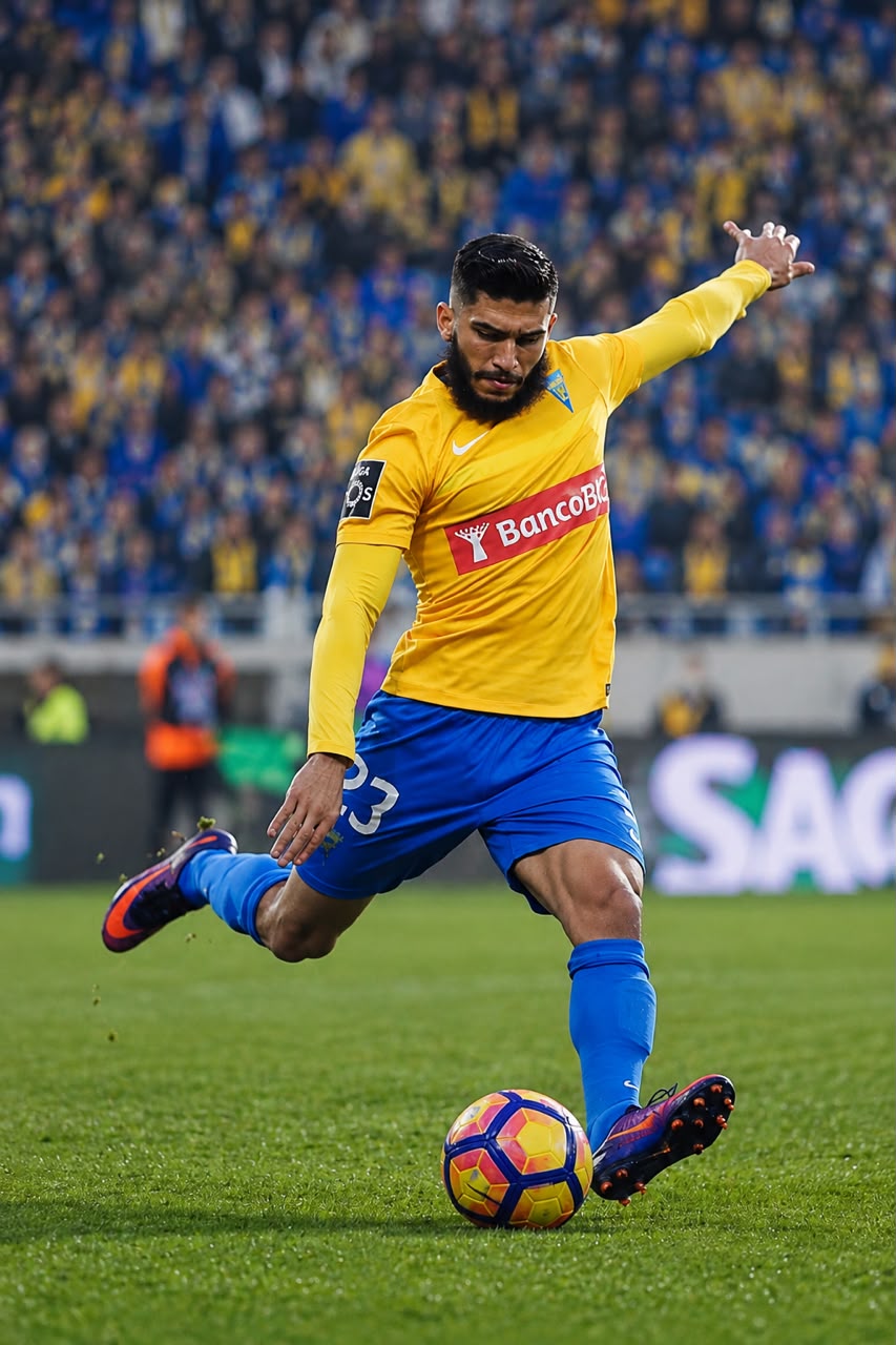 Lucas Farias finalizando com a camisa do Estoril Praia